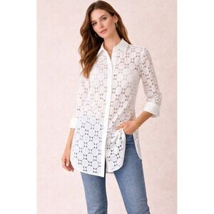 Anne Fontaine Eyelet Lace Tunic Shirt Women Small White Button Up Prepy Boho